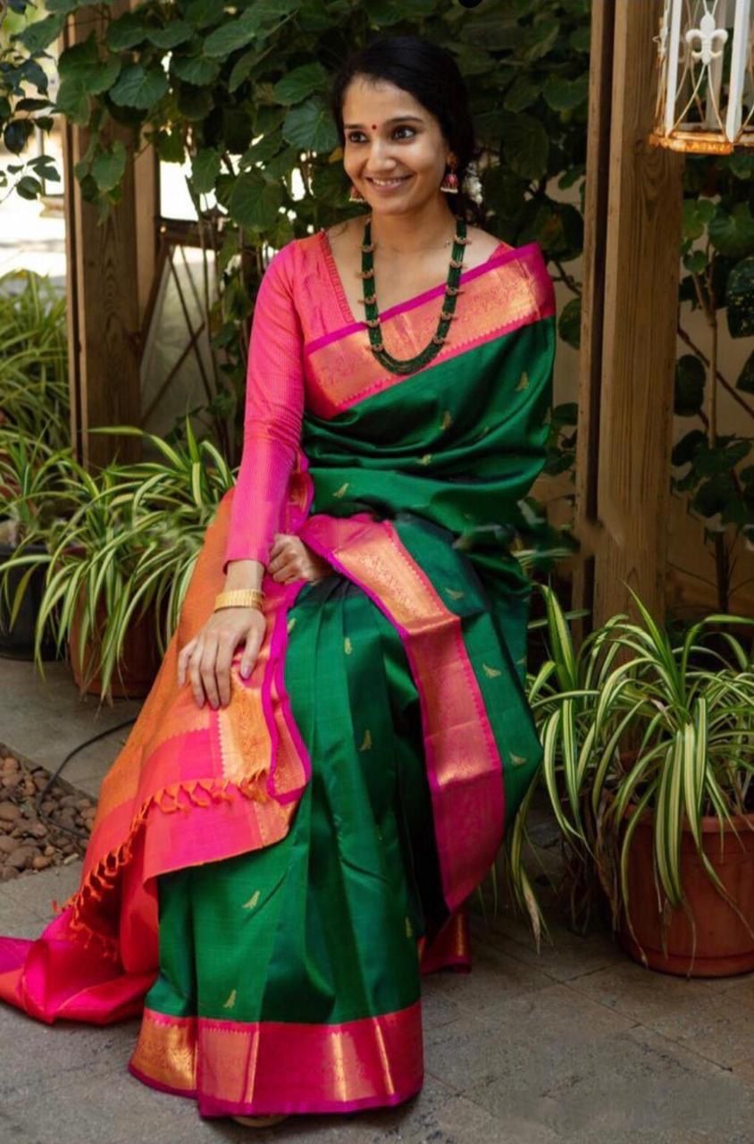 Dark Green Kanjivaram Pure Art Silk Saree