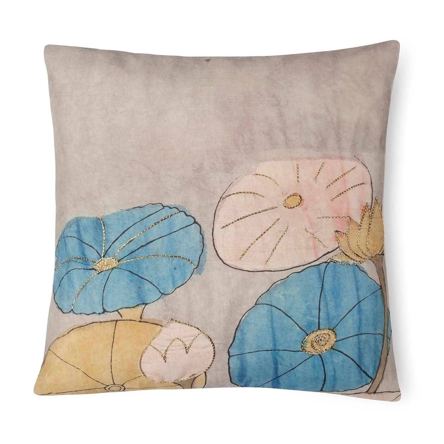 Embroidered Kalamkari Cushion Cover - 12x12-12 Inches x 12 Inches / 31 Cms x 31 Cms / Cotton Silk / Pastel Pink, Blue, Mustard