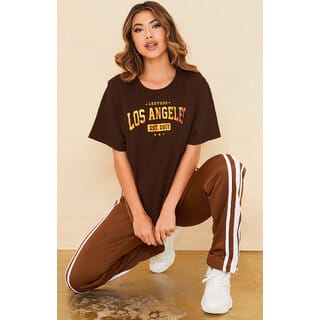 Leotude Brown Printed Cotton Blend Round Neck Half Sleeve T-Shirts For Womens
