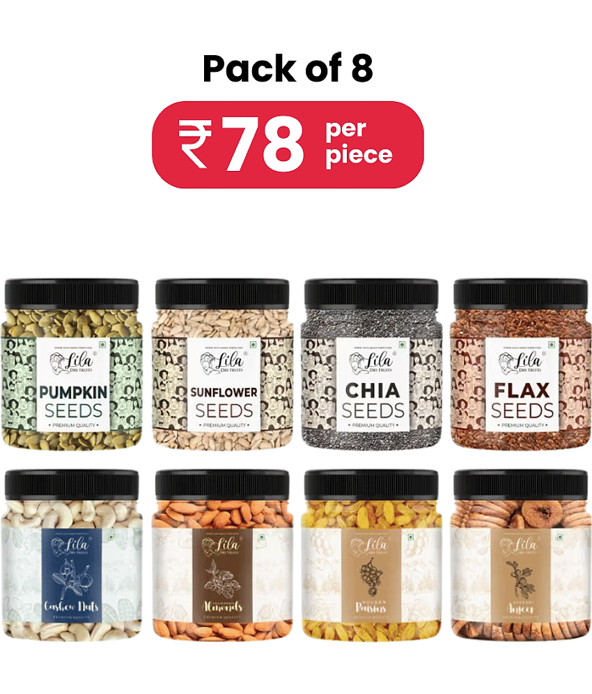 Dry Fruits Combo (100gx8) Jar pack | Chia Flax Pumpkin Sunflower + Cashew Almond Pista Raisin