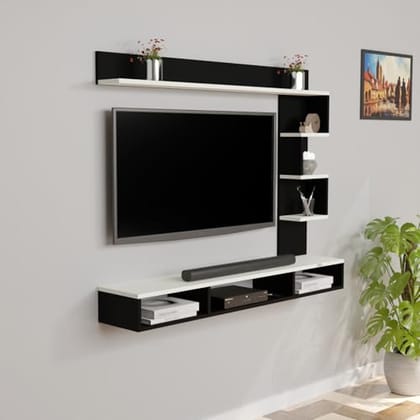 DAS Hubert LED Light Installed Wall Mount Engineered Wood TV Entertainment Unit/Tv Rack Set to Box Stand with Wall Shelves for Living Room Black & Frosty White Finish (Ideal for up to 43") Screen DAS Hubert LED Light Installed Wall Mount Engineered Wood TV Entertainment Unit/Tv Rack Set to Box Stand with Wall Shelves for Living Room Black & Frosty White Finish (Ideal for up to 43") Screen