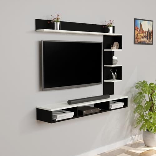 DAS Hubert LED Light Installed Wall Mount Engineered Wood TV Entertainment Unit/Tv Rack Set to Box Stand with Wall Shelves for Living Room Black & Frosty White Finish (Ideal for up to 43") Screen
