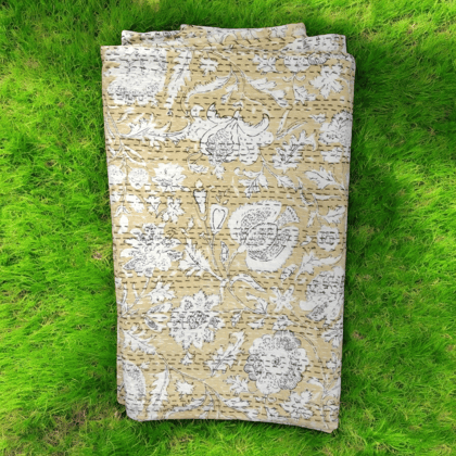 Hand Quilted Kantha Bedcover- Light Yellow-90 x 100 inches