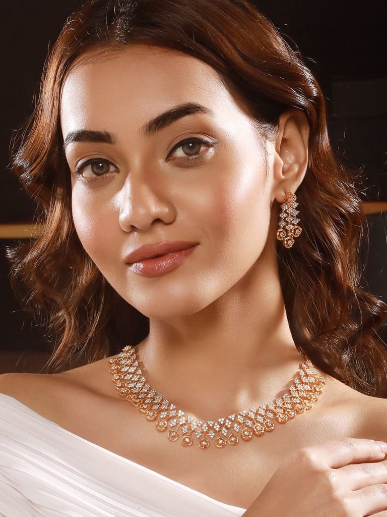 Gold Dual Toned C Zircon Studded Statement Geometric Partywear Necklace Jewellery Set - Jewellery Sets | Buy online on ZillyBuy
