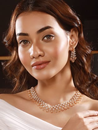 Gold Dual Toned C Zircon Studded Statement Geometric Partywear Necklace Jewellery Set