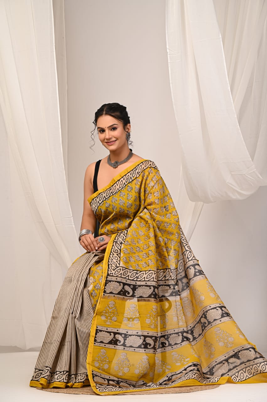 Hand block printed chanderi silk Sarees with blouse A
