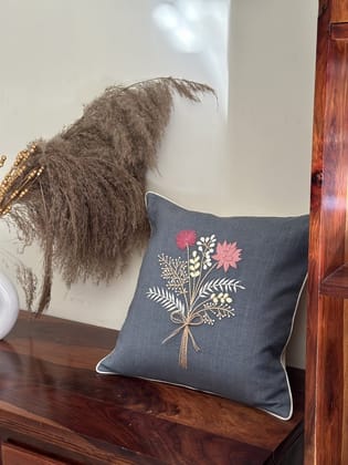 KRI India Bloom Flower bunch Cushion Cover|18x18 inches | Bluish Grey with colourful embroidery  | Wash & Care | 100% Cotton | Handcrafted in India. 100% organic & natural.
