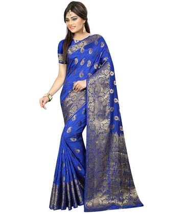 Gazal Fashions Silk Blend Printed Saree With Unstitched Blouse Piece ( Blue )
