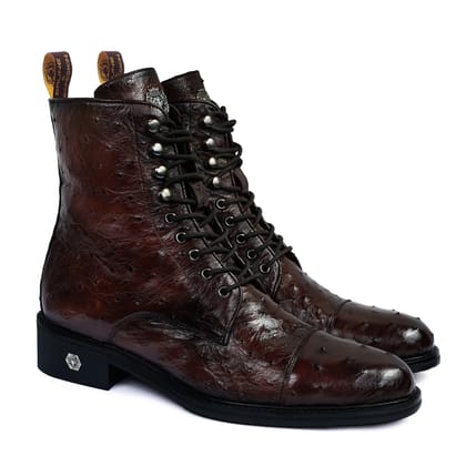 Dark Brown High Ankle Boot in Exotic Real Ostrich Leather-40/6