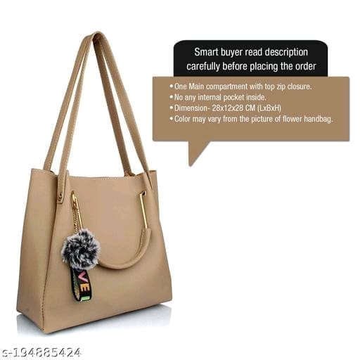 Women's Beige Handbag with Furball Keychain
