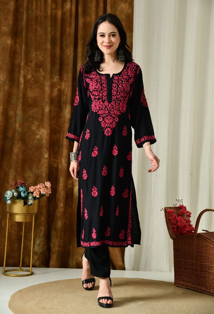 Black Kurta with Intricate Chikankari Work - Pink