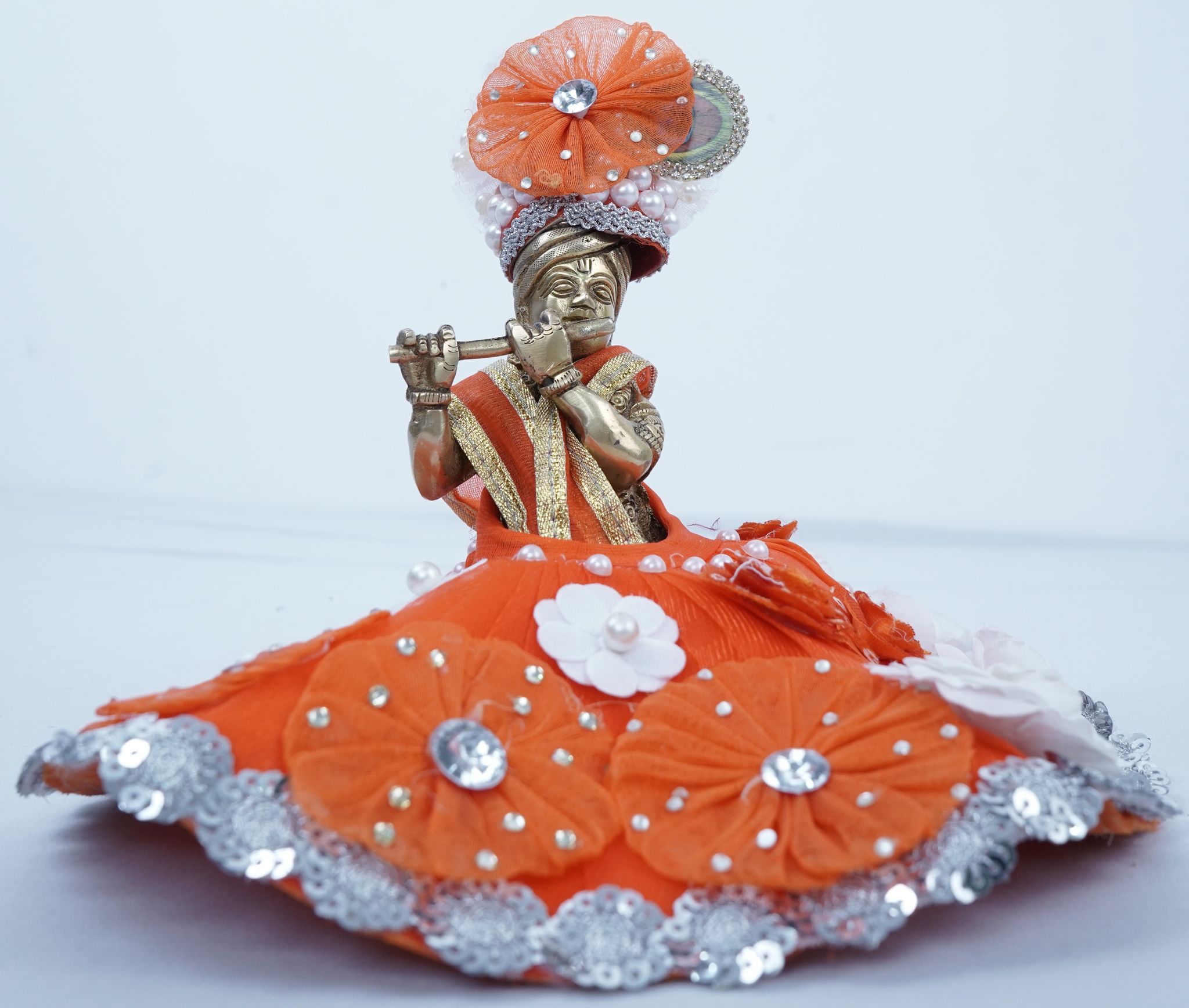 Orange & White Net Embellished Laddu Gopal Dress Set