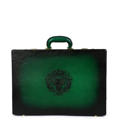 Hand Painted Office Briefcase in Green Leather Hard Case-FS