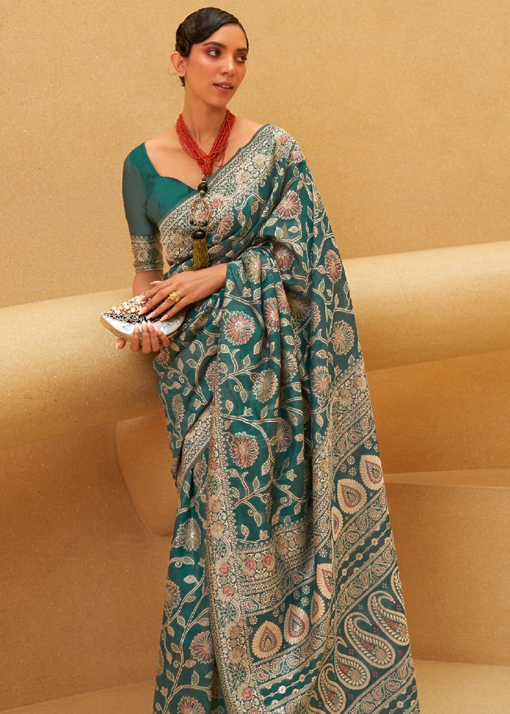 Teal Green Woven Lucknowi Banarasi Silk Saree