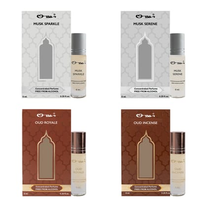 OSSA MUSK SPARKLE & SERENE, OUD ROYALE & INCENSE CONCENTRATED PERFUMES (PACK OF 4)