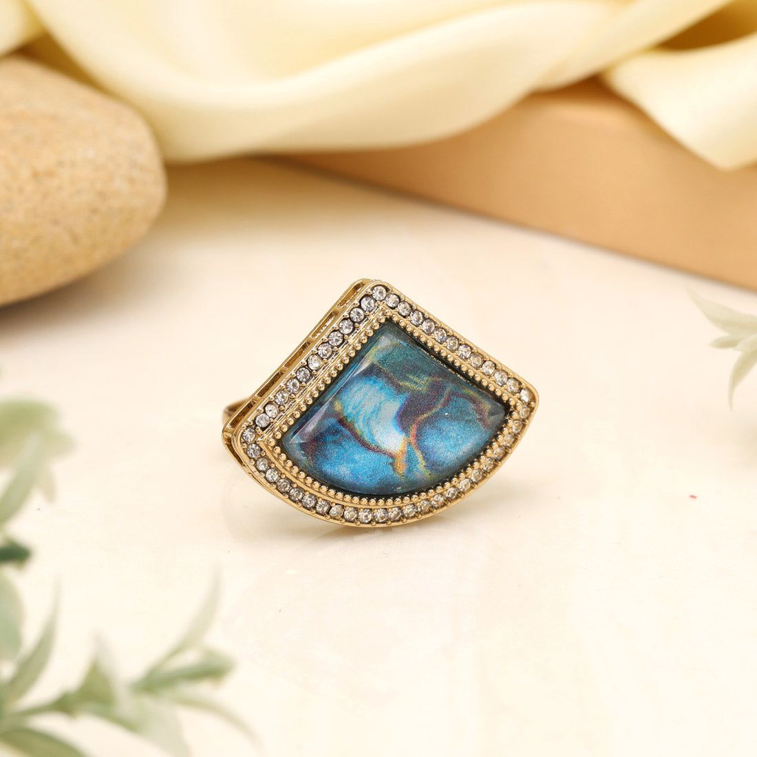 Serene Turquoise Blue Color Kundan Ring For Women-Ring_Size_Adjustable | Diameter Length: 3.00 CM x Width: 3.50 CM / Blue / Alloy With Good Quality Mehndi Gold Plated