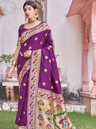 Purple Soft Paithani Silk Woven Designer Saree For Women