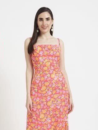 Luxury  Satin Digital Print  Shoulder Strap Bodycon Maxi Dress With Slash Pocket-M