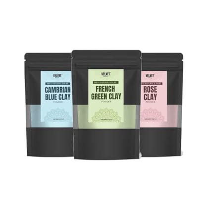 Velvet Soul Summer Skincare Combo: Cambrian Blue Clay, French Green Clay & Rose Clay | Detoxify, Balance Oil, Soothe Sensitive Skin, De-tan | Ideal for Summer Skincare Routine | 100g each