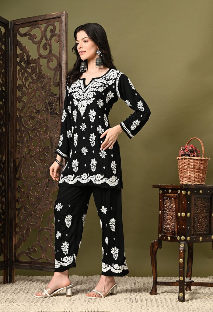 Chikankari Cord Set in Modal Fabric - Black