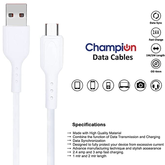 Champion USB to Type-C 3Amp Data Sync & Charging Cable PVC for all Android & USB Type-C Devices (White)