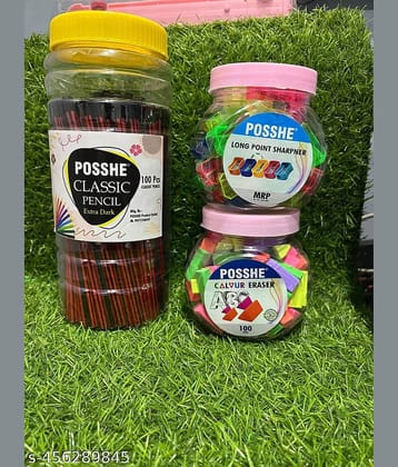 Full Stationery Combo Pack 100 pcs Hexa Pencile 100 pcs Trangle Floracent Eraser 40 pcs TransparentLong Point Sharpener