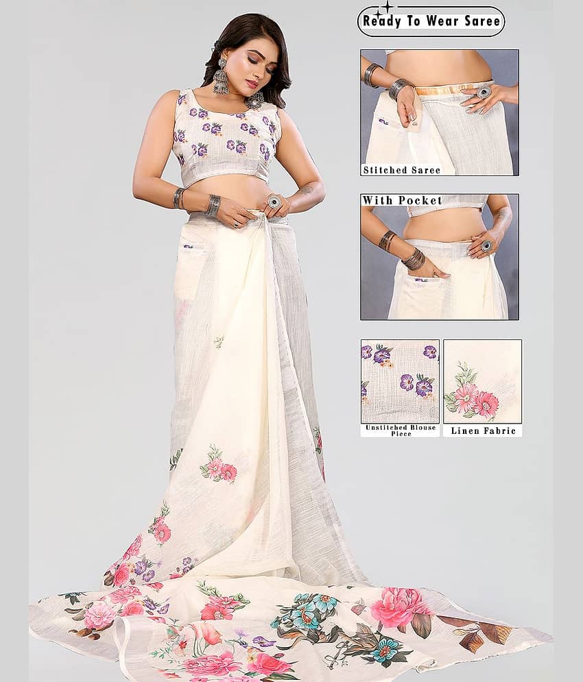 HEMA SILK MILLS Linen Printed Regular Saree With Unstitched Blouse Piece ( Multicolor )