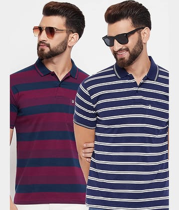 UNIBERRY Pack of 2 Cotton Blend Regular Fit Striped Half Sleeves Men's Polo T Shirt ( Navy Blue )