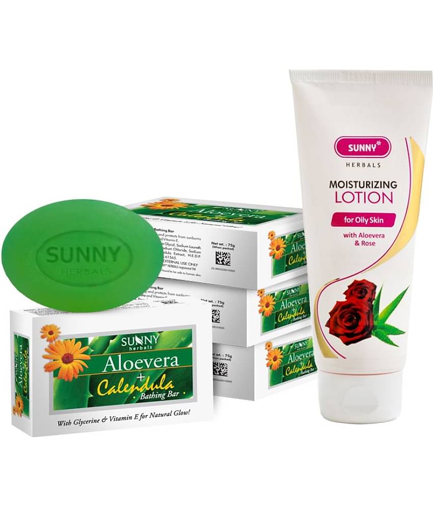 SUNNY HERBALS Aloevera & Rose Lotion 100ml, Aloevera & Calendula Soap(75g*4)300g
