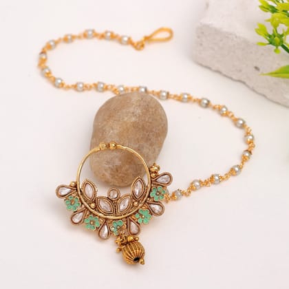 Gold Color Nose Nath (NTH344GLD)-Length: 25.00 CM x Width: 0.50 CM / Green / Alloy With Good Quality Gold Plated