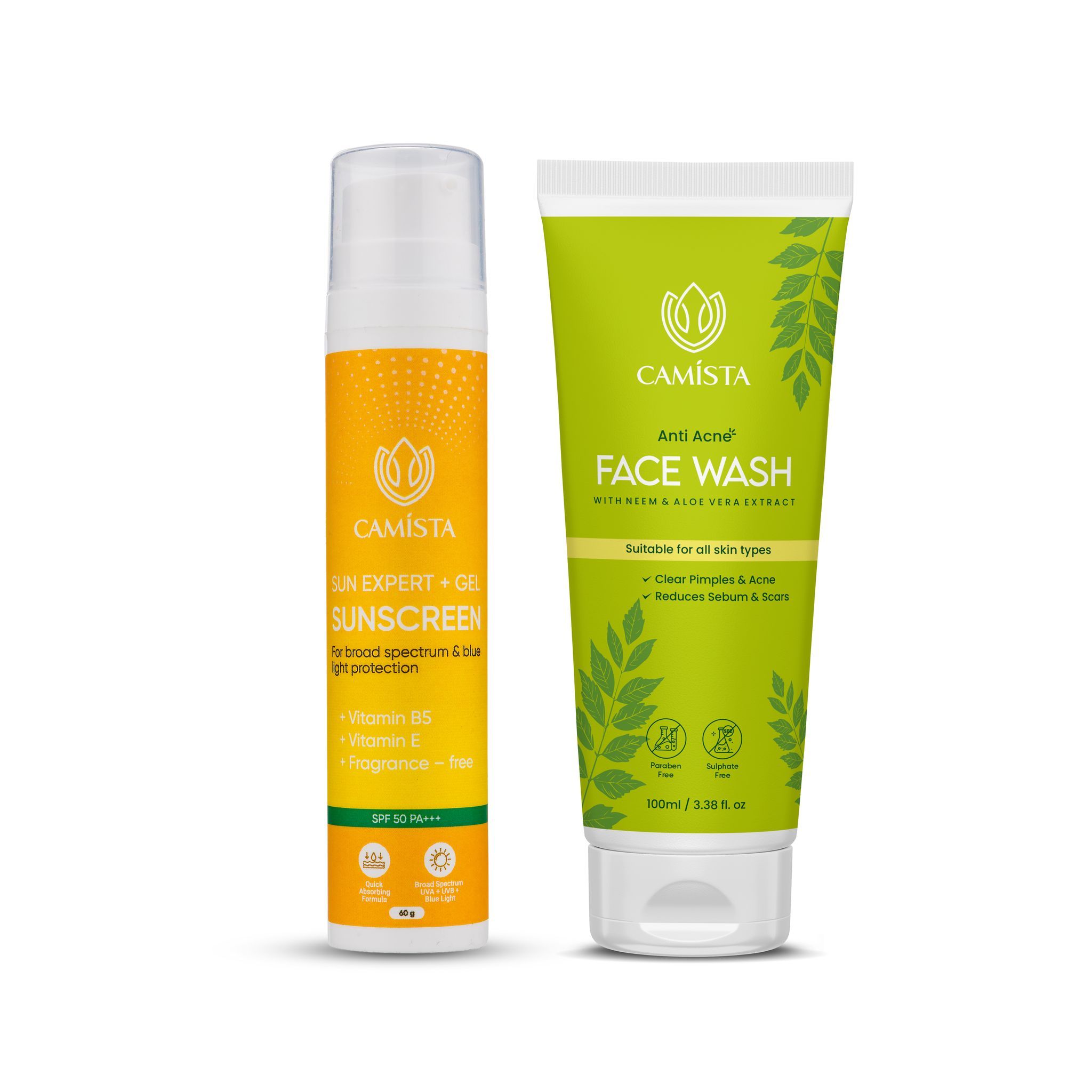 CAMISTA Sun Expert + Gel Sunscreen SPF 50 PA+++ (60 gm) with Anti Acne Face Wash (100 ml) - pack of 2