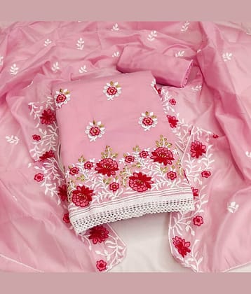 Rangtulika Ethnics Unstitched Cotton Blend Applique Dress Material - Pink ( Pack of 1 )