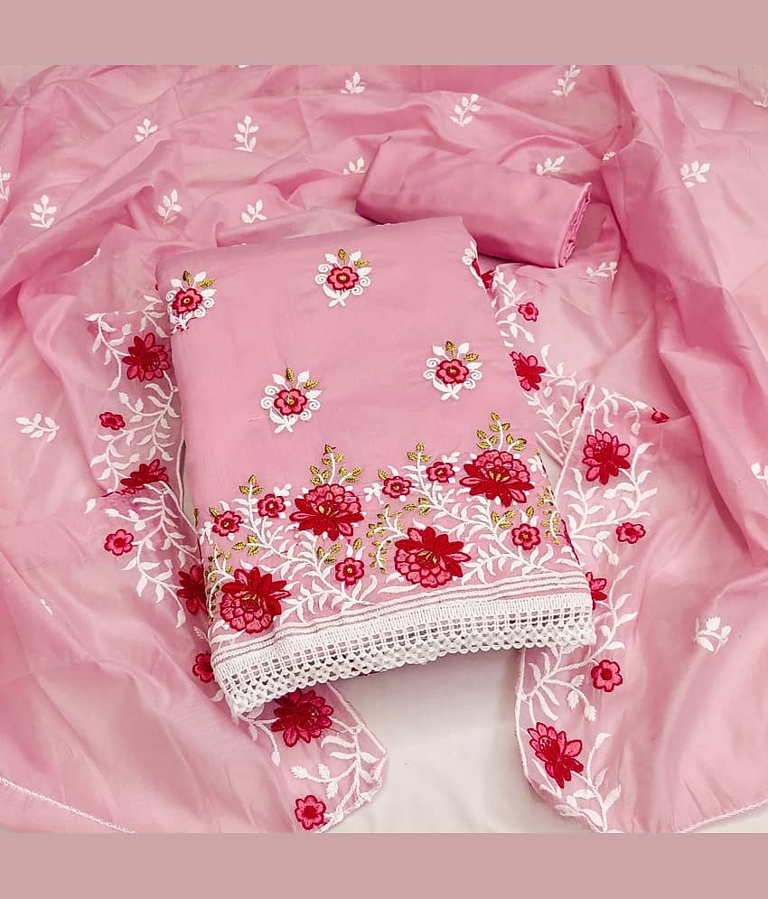 Rangtulika Ethnics Unstitched Cotton Blend Applique Dress Material - Pink ( Pack of 1 )