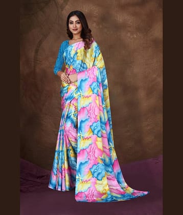 JIHANA FAB Chiffon Printed Saree With Unstitched Blouse Piece ( Blue )