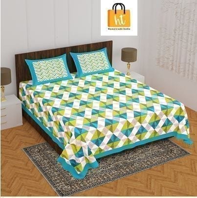 3001-Hometrade India-Standard King Size (90*108 Inches)-Buy Pure Cotton Jaipuri Printed Flat King Size Double Bedsheet With 2 Matching Pillow Cover