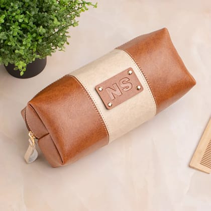 PERSONALISED STRIPE TRAVEL POUCH - INITIALS - TAN