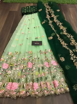 Heavy Net Embroidered Semi Stitched Lehenga Choli for Wedding-Green