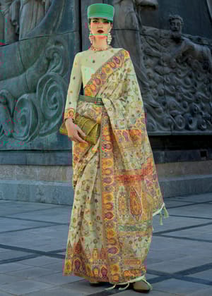 Spring Green Woven Kashmiri Jamewar Organza Silk Saree