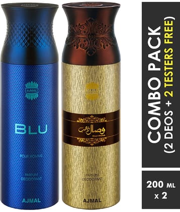 Ajmal Blu & Wisal Dhahab Deodorant Body Spray 200Ml Each Gift For Men & Women Pack of 2