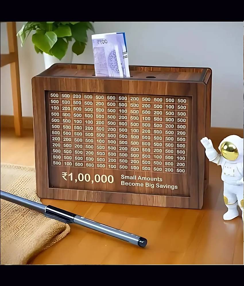 Wooden Piggy Money Bank Saving Box With Saving Target Upto 1 Lakh (Brown)