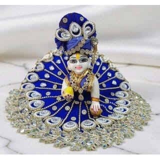 Handcrafted Blue Festive Dress with Turban for Laddu Gopal Ji, Pearl Embellishments