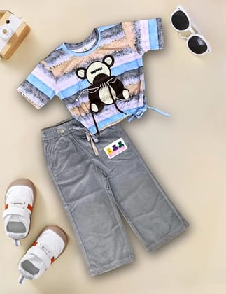 Girls Teddy Co-Ord Set [GCS-1070] (4-12Years)-6-7Y (Size - 28) / Blue n gray / Top – Imported Fabric Bottom – Corduroy