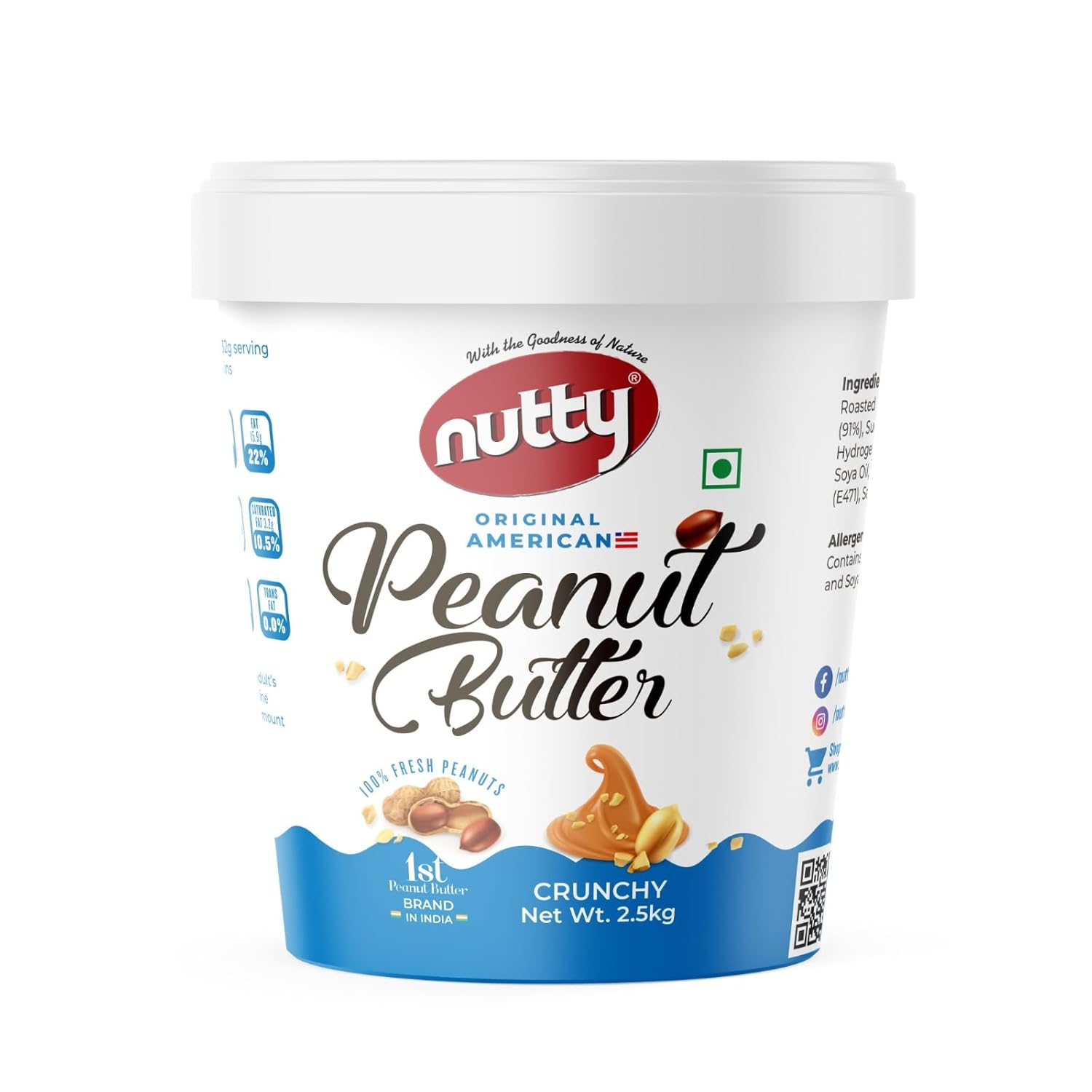 Nutty Crunchy Peanut Butter 2.5kg | 100% Roasted Peanuts | High Protein Peanut Butter Crunchy | Gluten-Free & Vegan | 2.5kg Jar