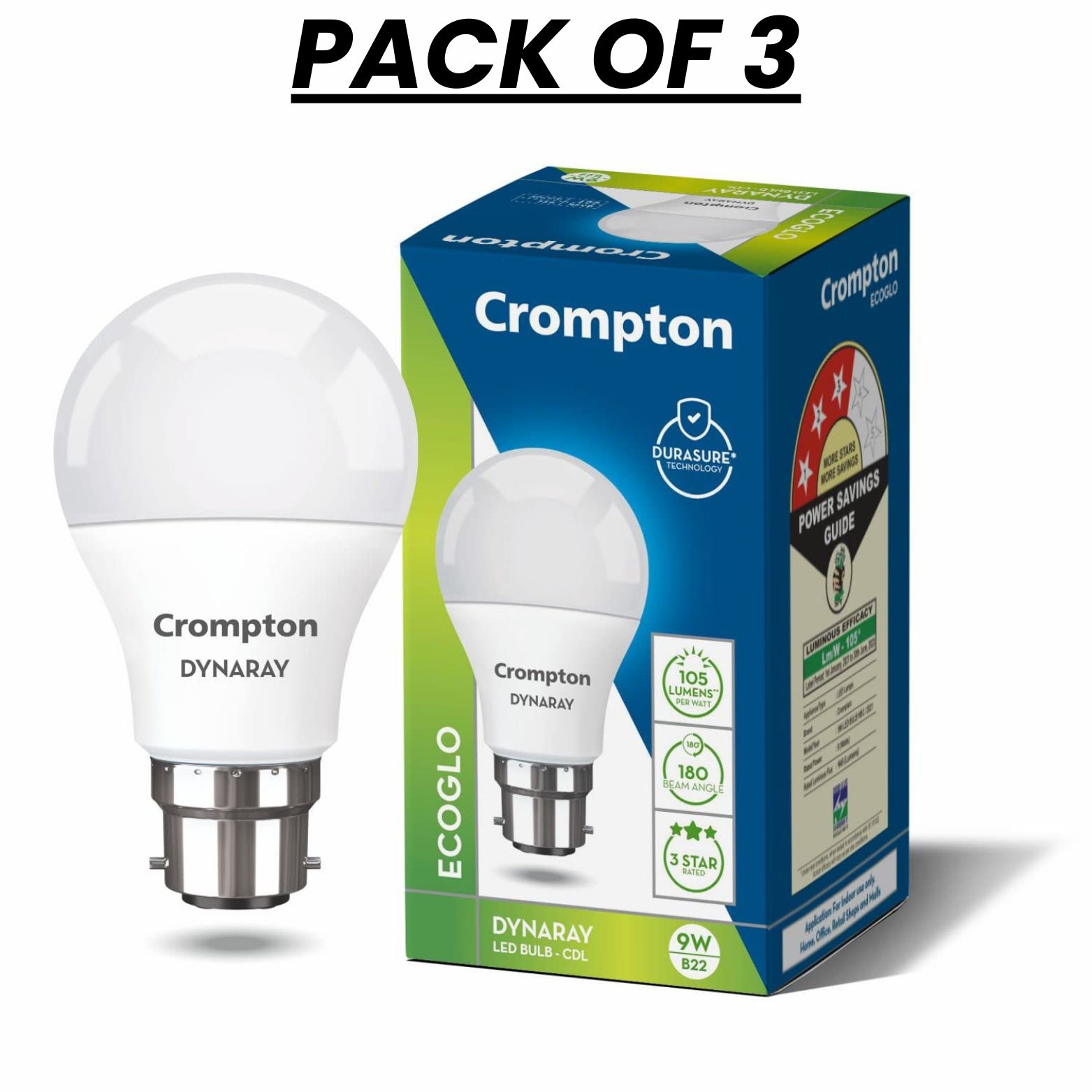 Crompton Dyna Ray LED Bulb | 9W | Cool Day Light | B22 LED | 180 Degree Coverage | 4kV Surge Protection | 440V High Voltage Protection (Pack of 3)