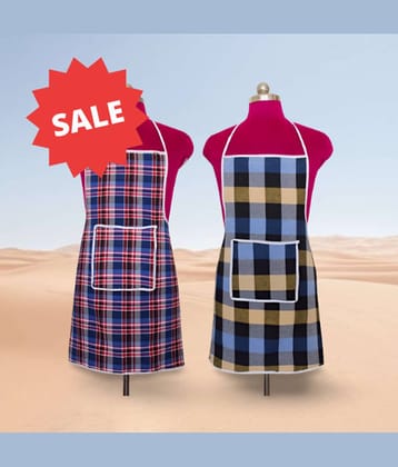 CreadCraft Cotton Checks Kitchen Apron with 1 Center Pocket ( Pack of 2 )