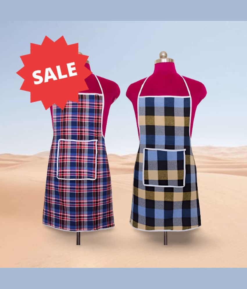 CreadCraft Cotton Checks Kitchen Apron with 1 Center Pocket ( Pack of 2 )
