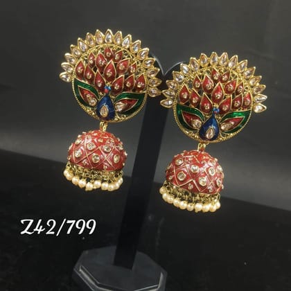 ZEVAR I Kundan Meenakari Pearl Earrings-RED