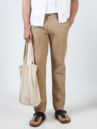 Men Linen Blend Trousers Regular Fit, Khaki-30