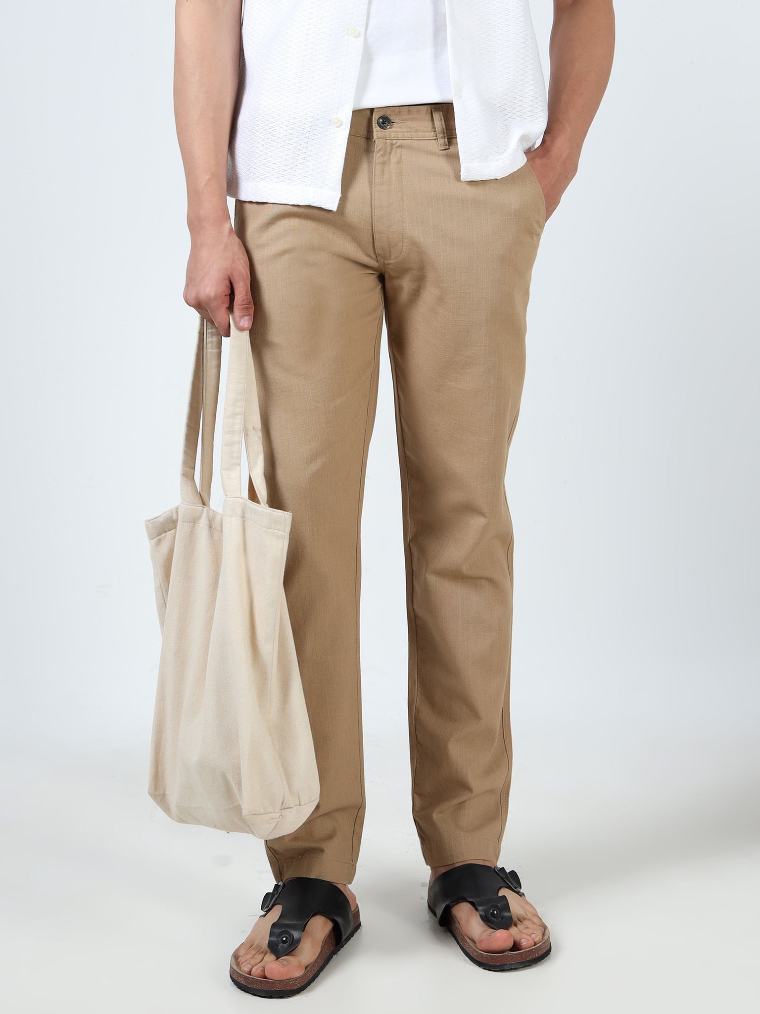 Men Linen Blend Trousers Regular Fit, Khaki-30