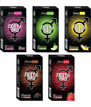NottyBoy Variety Pack 3 IN1 Ribbed, Dotted, Contour, Banana, Chocolate, Strawberry and Fruit Flavour - 50 Units